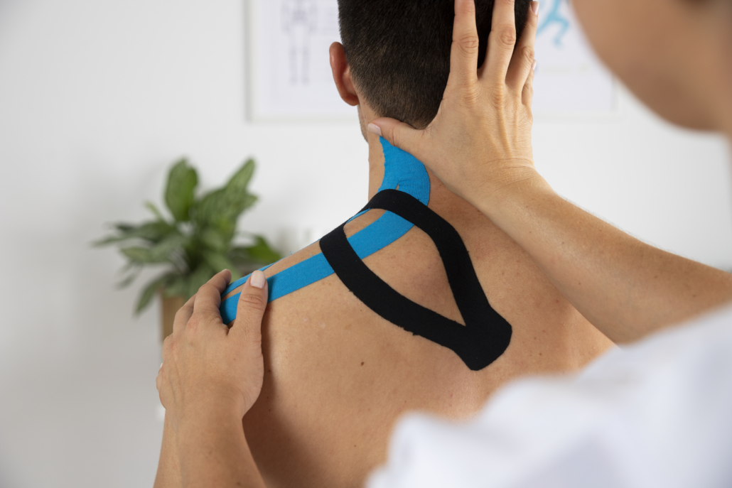 female-physiotherapist-applying-elastic-medical-bandage-male-patient